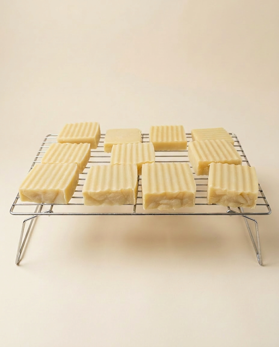 Freshly cut tallow soap bars curing on a wire rack