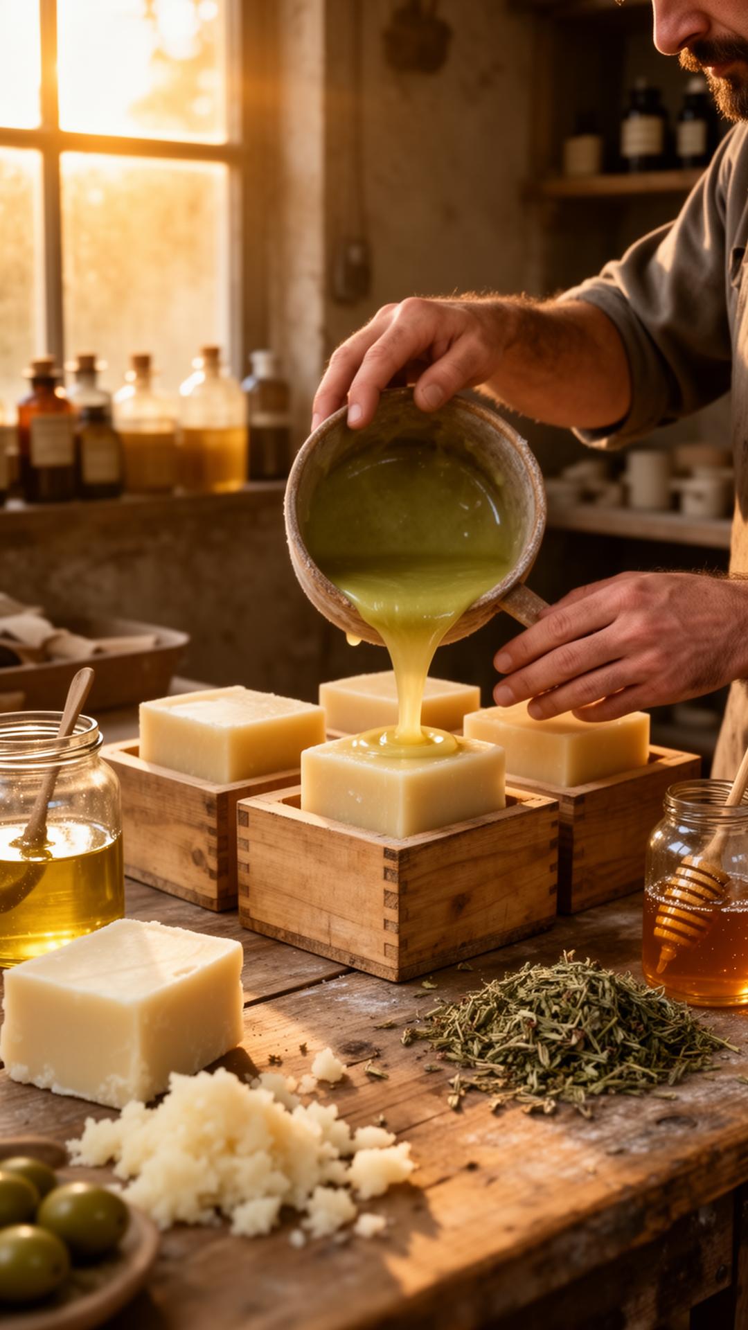 Craftsman pouring handmade soap into wooden molds in a small-batch workshop